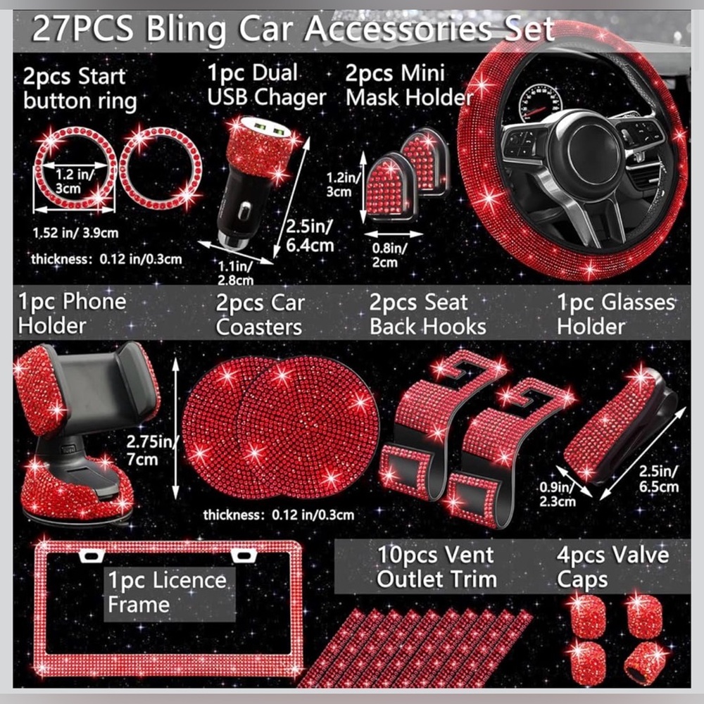 27 PC Red Bling Car Accessories Set Universal Fit **BRAND NEW**